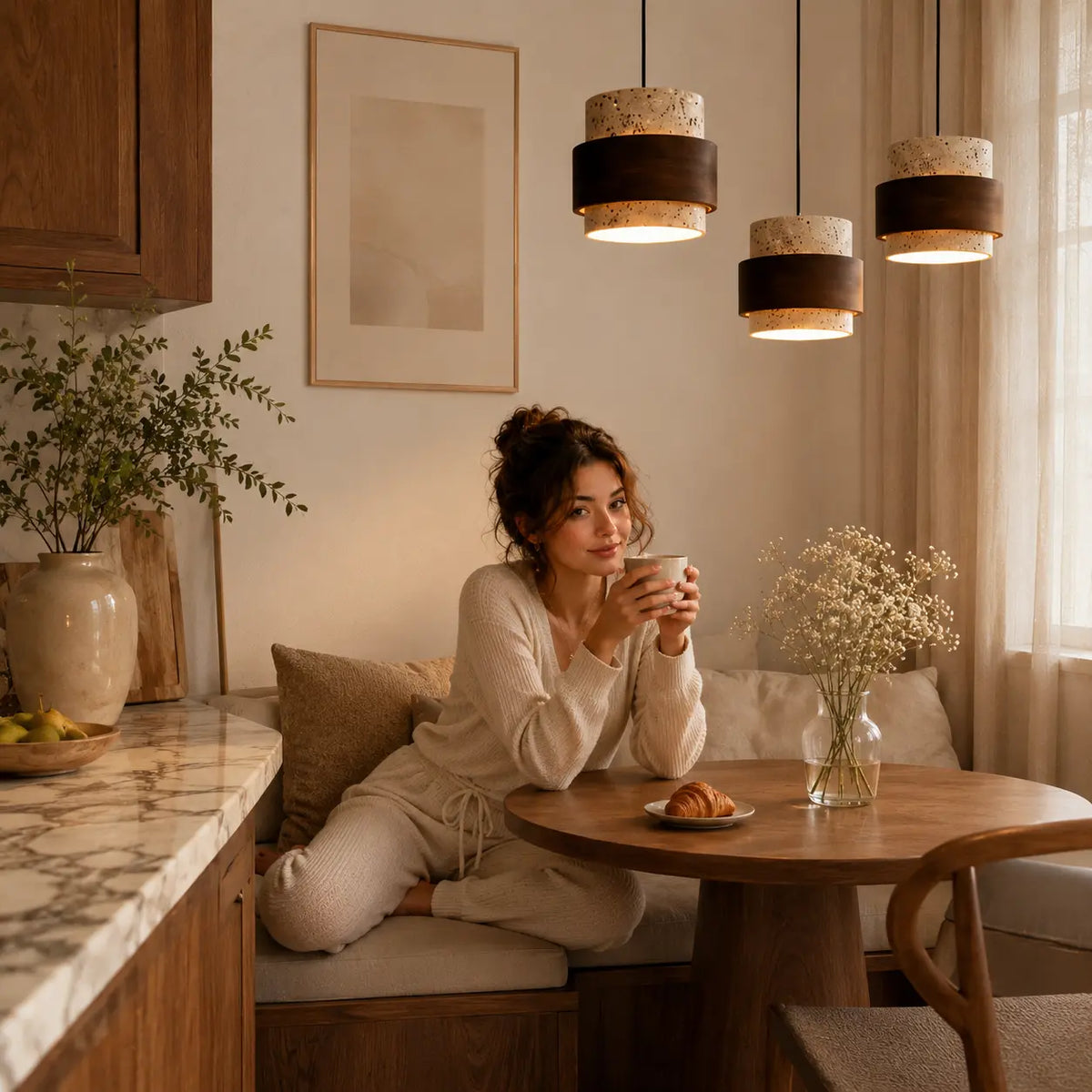 Tova stone pendant light adding a soft warm glow to a calm living room interior