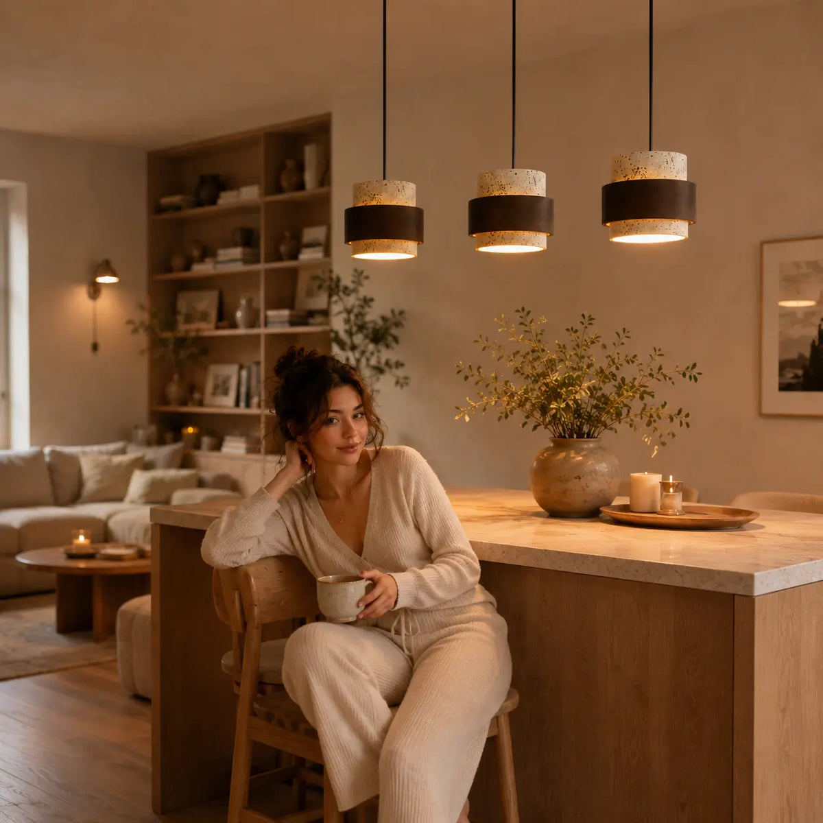 Tova stone pendant light creating a quiet warm atmosphere beside a lounge chair