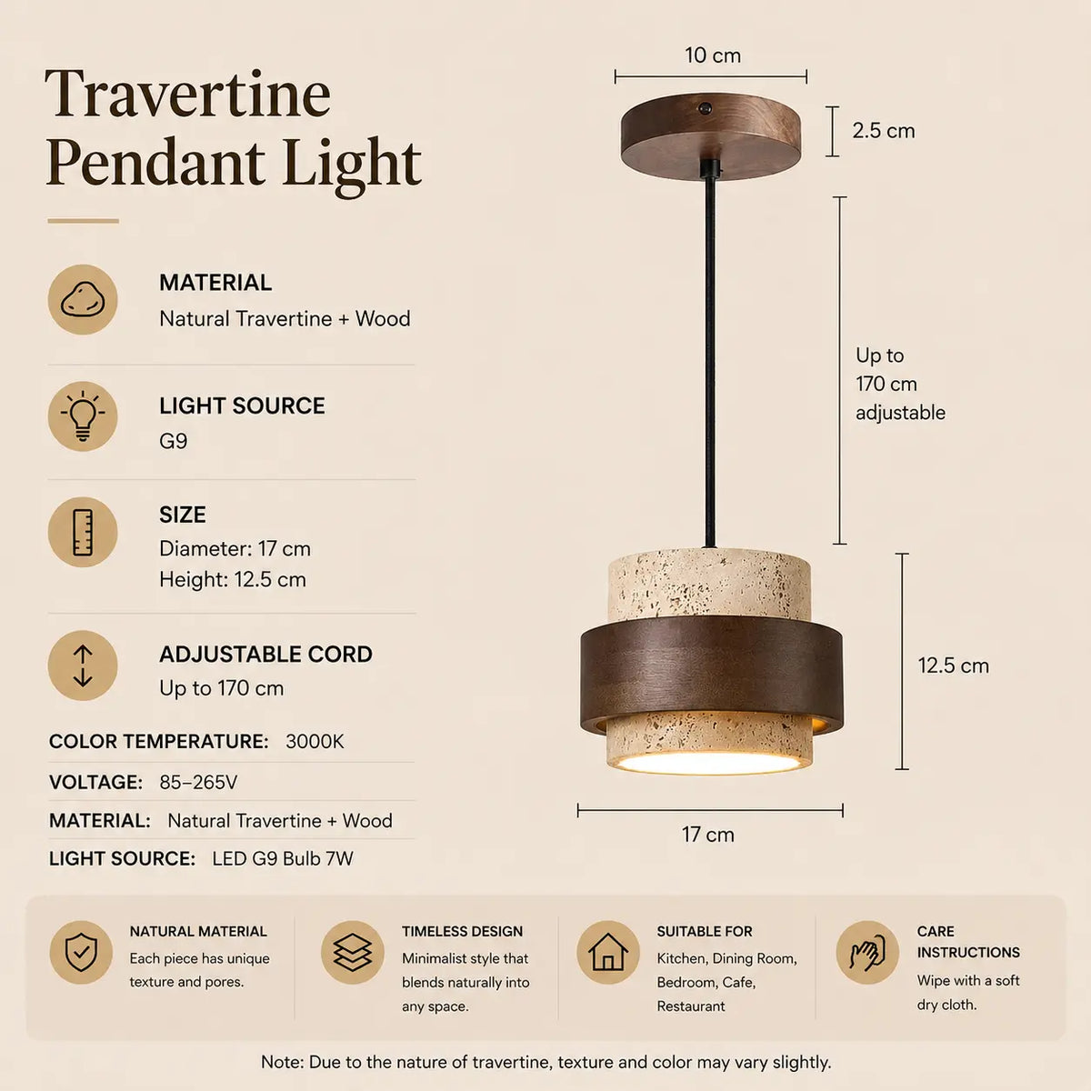 Tova stone pendant light product specifications with dimensions, material details, and lighting features