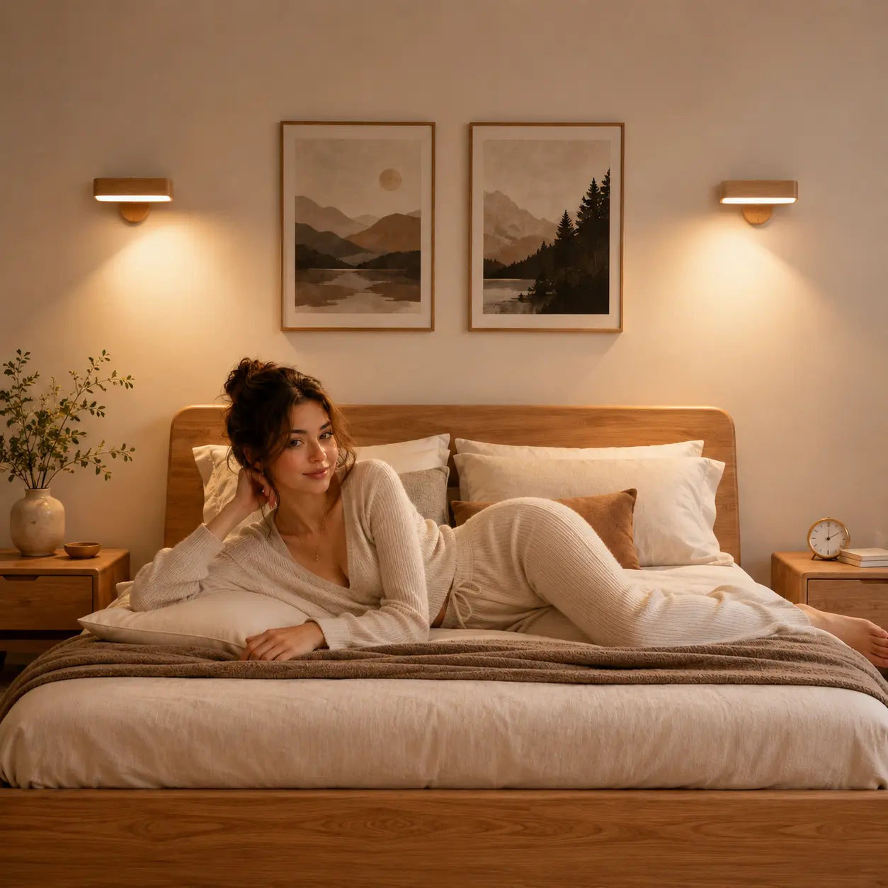 Velmora magnetic wall sconce adding soft warm light above a calm bedroom bed