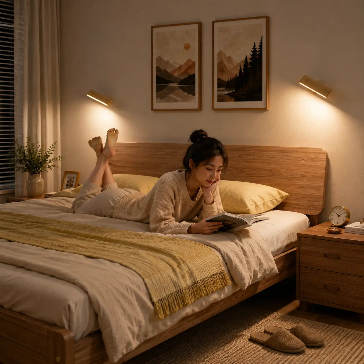 Velmora magnetic wall sconce adding soft evening light above a bedroom bed