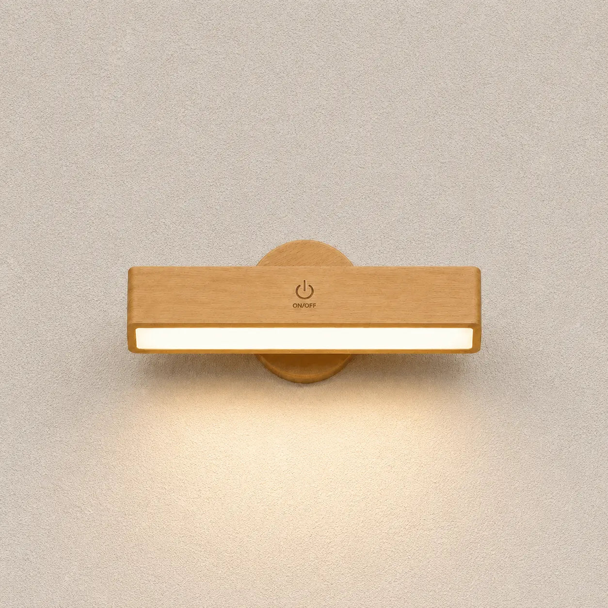 Velmora magnetic wall sconce with a natural wood bar design and soft warm downward glow