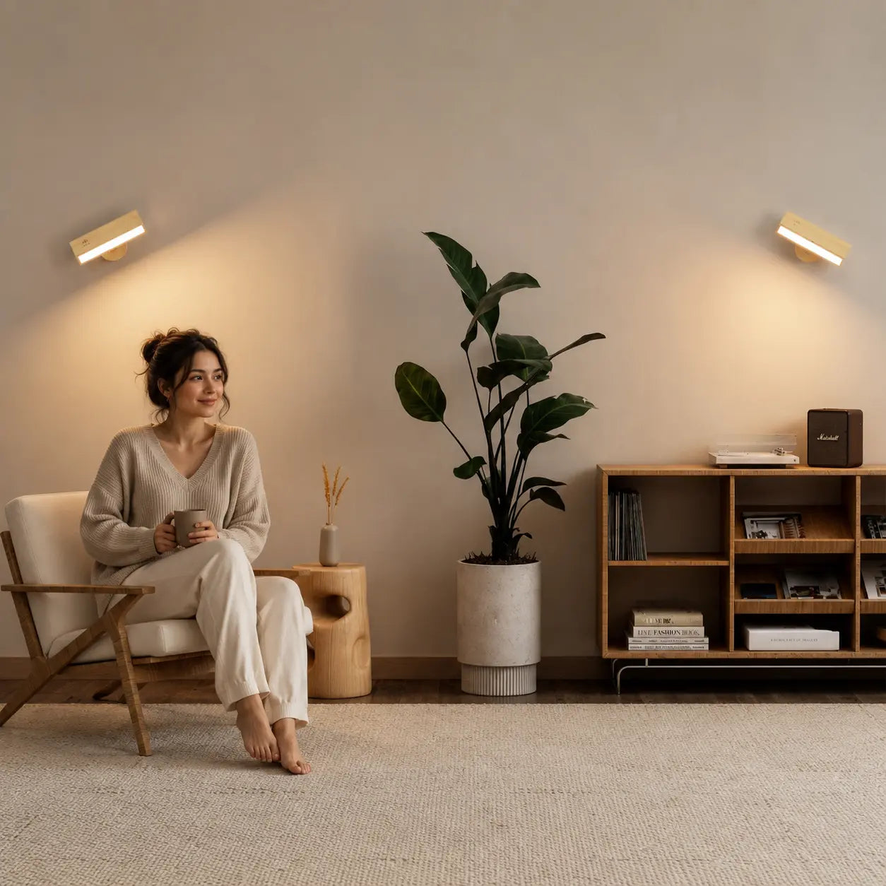 Velmora magnetic wall sconce creating a calm warm atmosphere in a modern living room