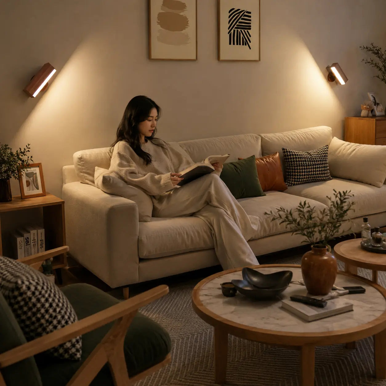 Velmora magnetic wall sconce adding warm focused light to a relaxed lounge reading corner