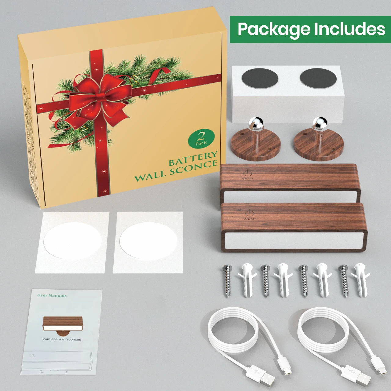 Velmora magnetic wall sconce natural wood package contents with lamp, charging cable, mount, and accessories