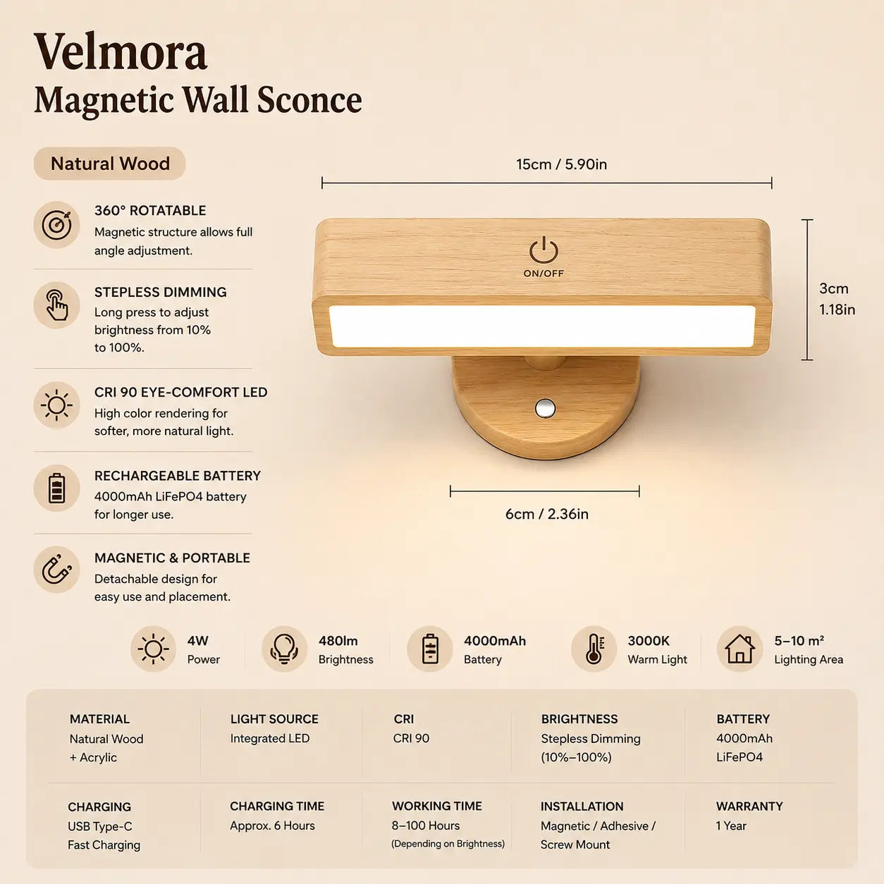 Velmora magnetic wall sconce with natural wood finish, dimensions, battery capacity, and lighting specifications