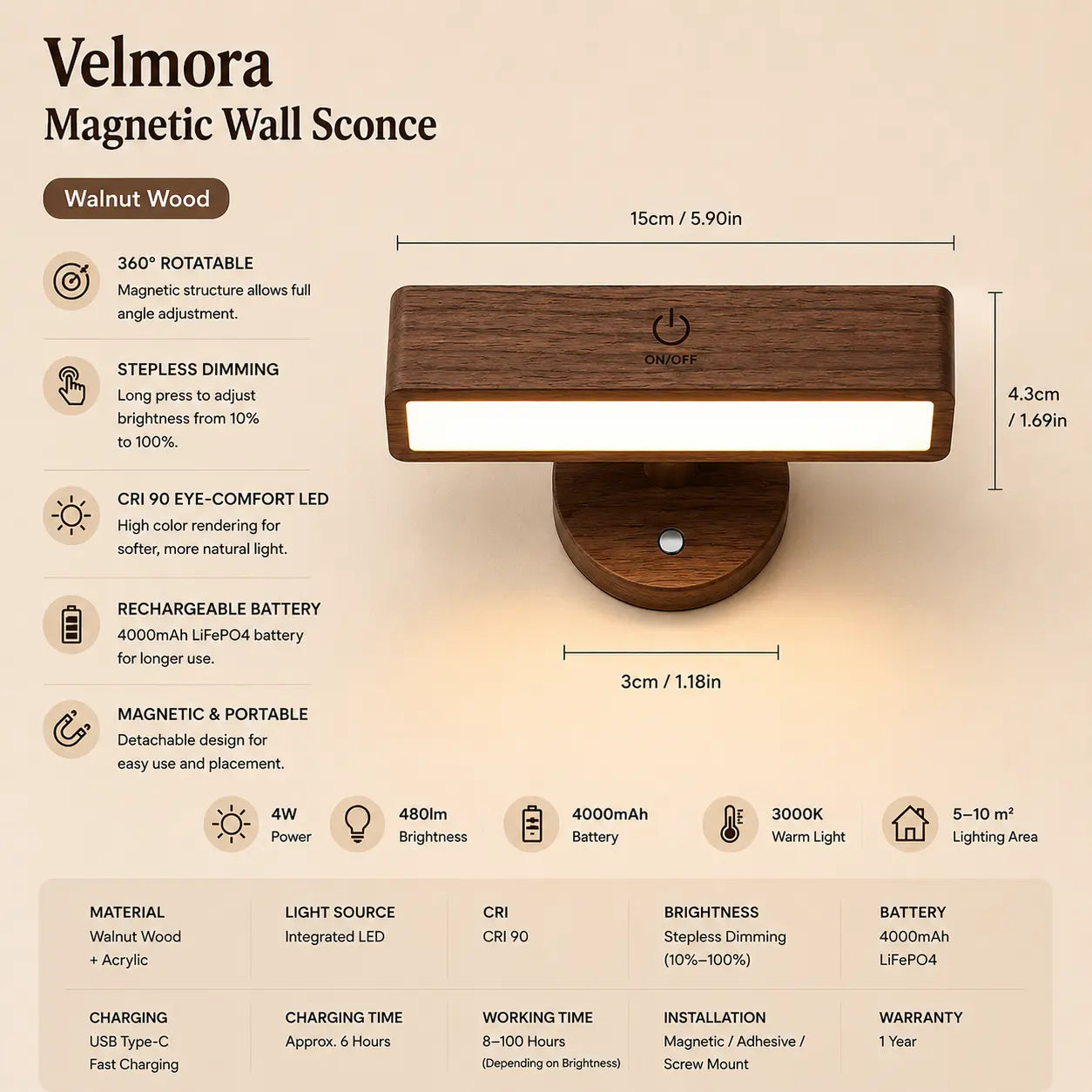 Velmora magnetic wall sconce with walnut wood finish, dimensions, battery capacity, and lighting specifications