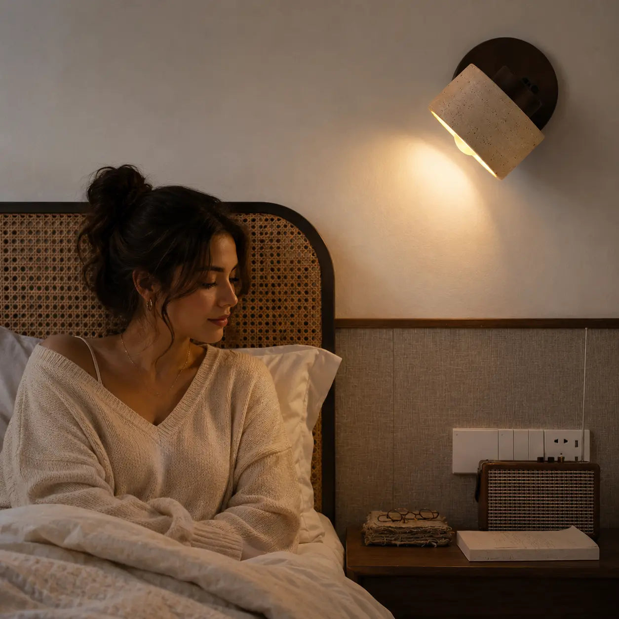 Velor stone wall light adding a soft warm glow to a calm bedroom interior