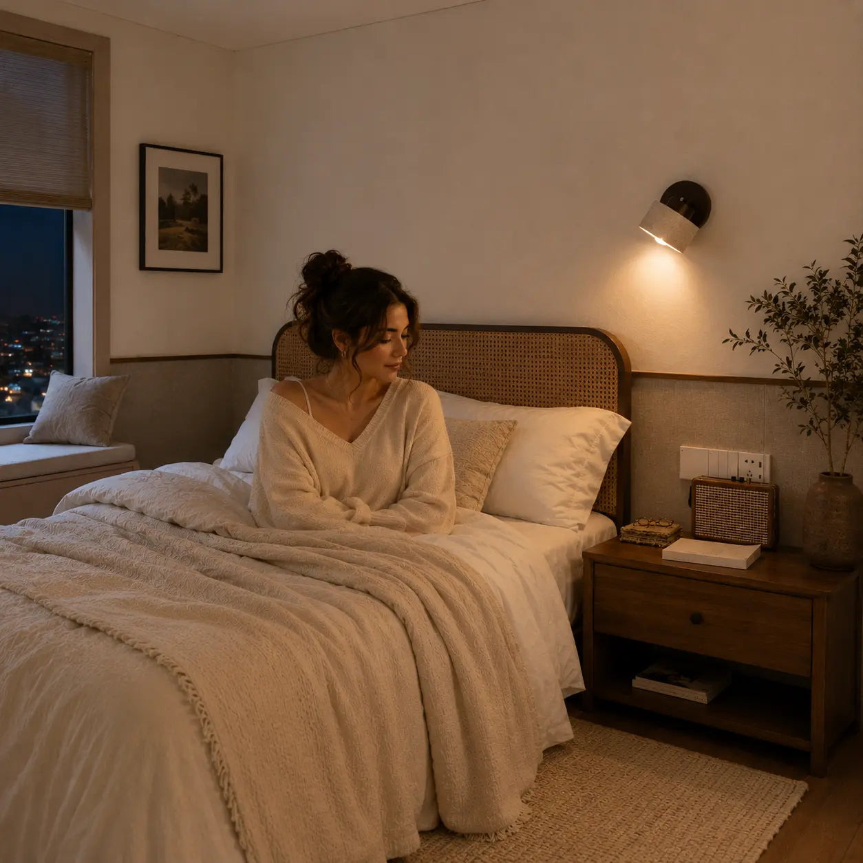 Velor stone wall light creating focused warm light for a quiet bedside reading moment