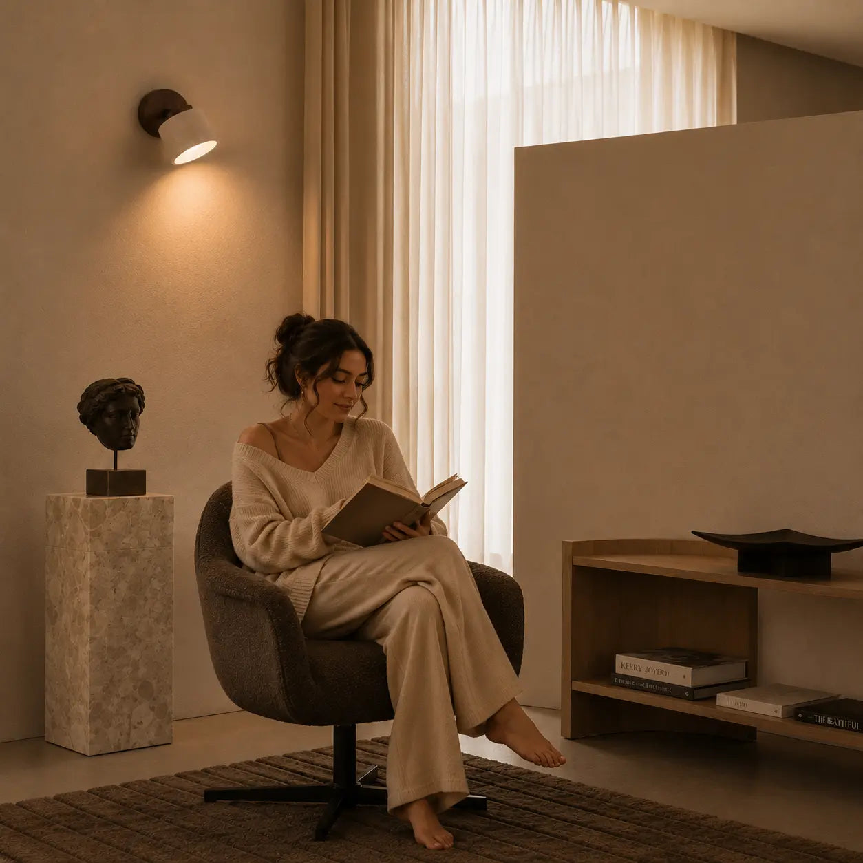 Velor stone wall light creating a soft warm bedside atmosphere in a calm neutral bedroom