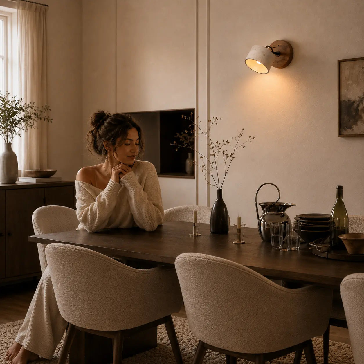 Velor stone wall light creating soft directional light beside a dining table in a warm modern interior