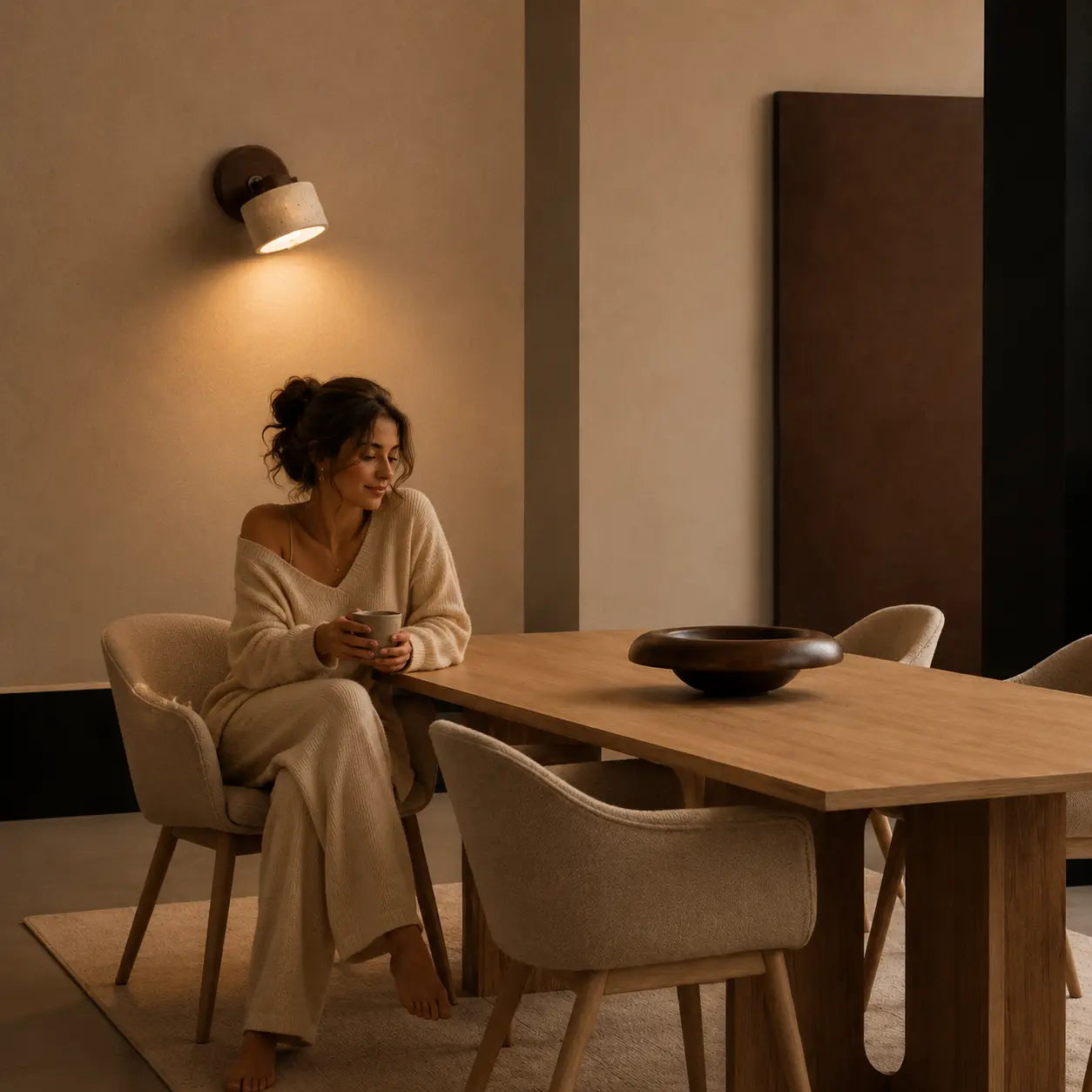 Velor stone wall light adding a quiet warm glow to a relaxed lounge corner