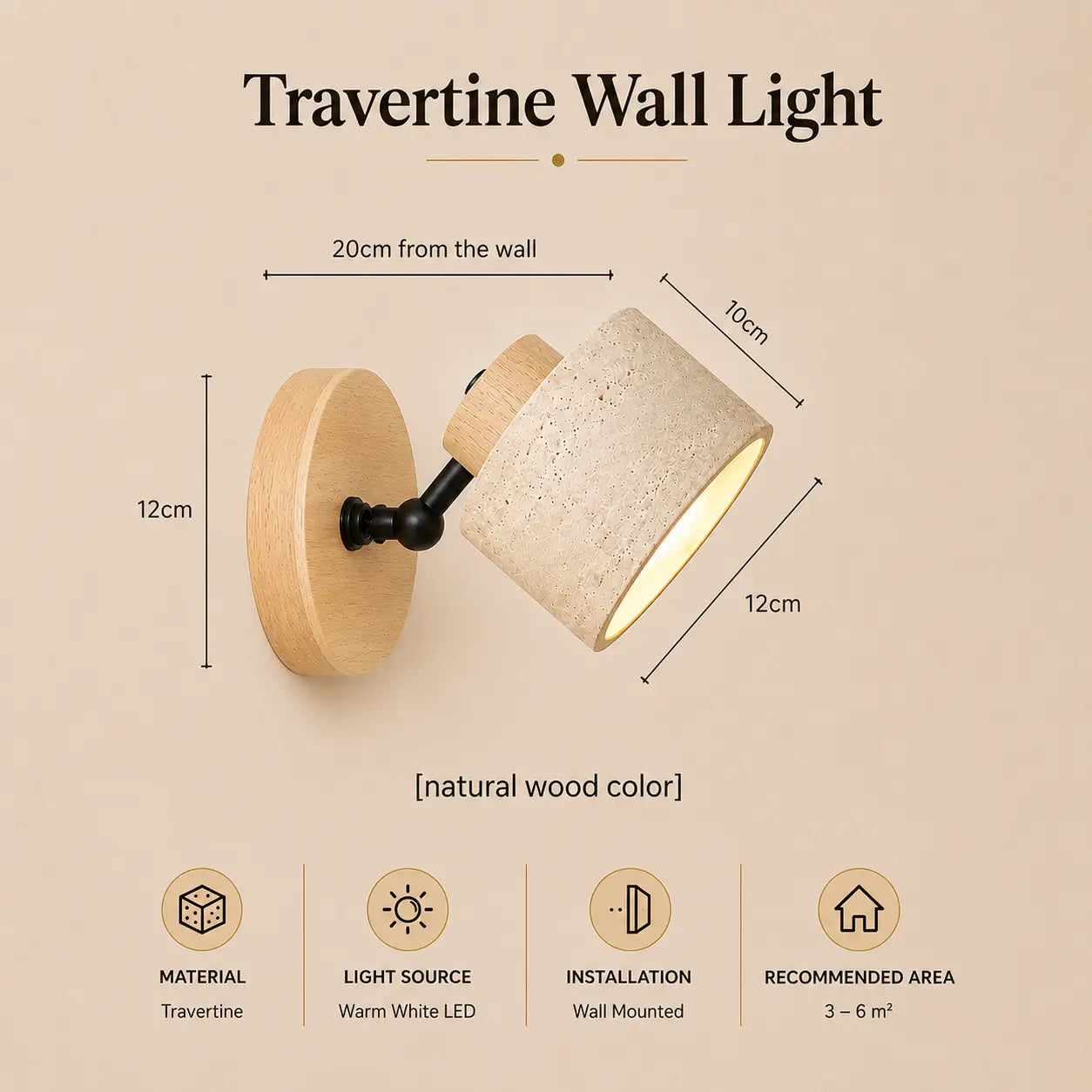 Velor stone wall light with natural wood mounting base, dimensions, and product specifications