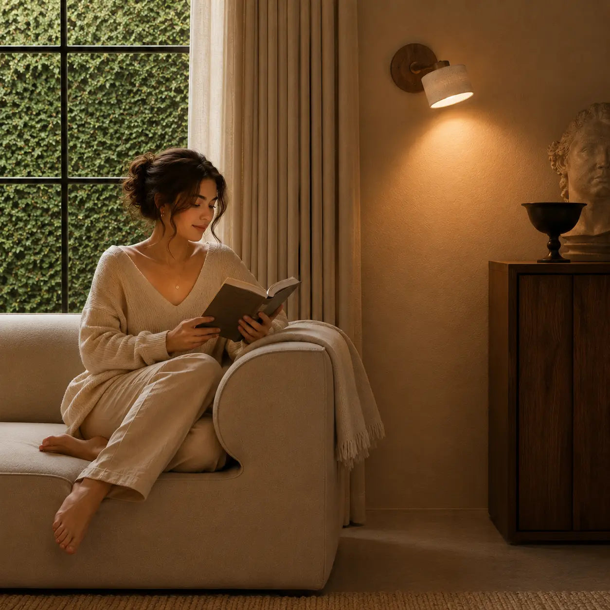 Velor stone wall light creating a calm warm glow beside a reading chair in a quiet interior