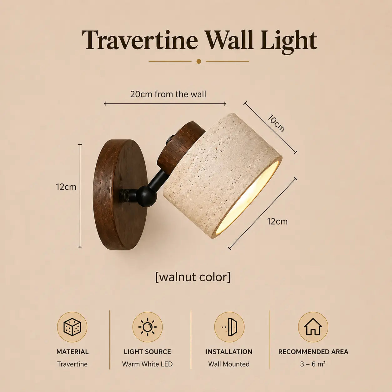 Velor stone wall light with walnut wood mounting base, dimensions, and product specifications
