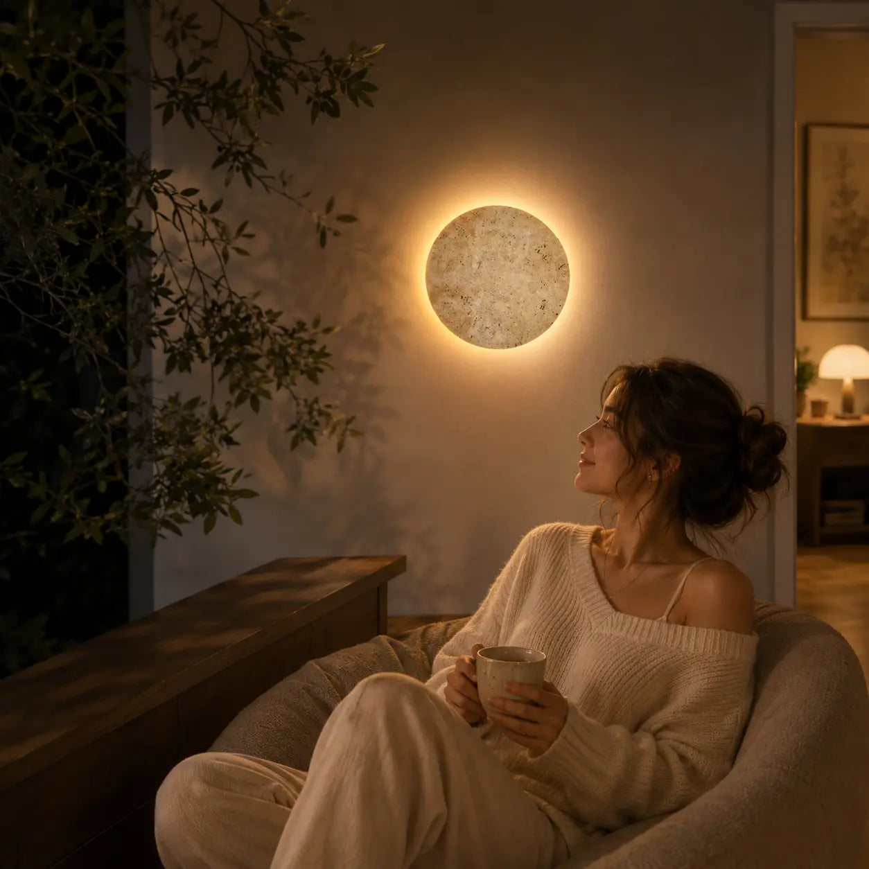 Verno stone wall light adding a quiet warm atmosphere to a relaxed bedroom corner
