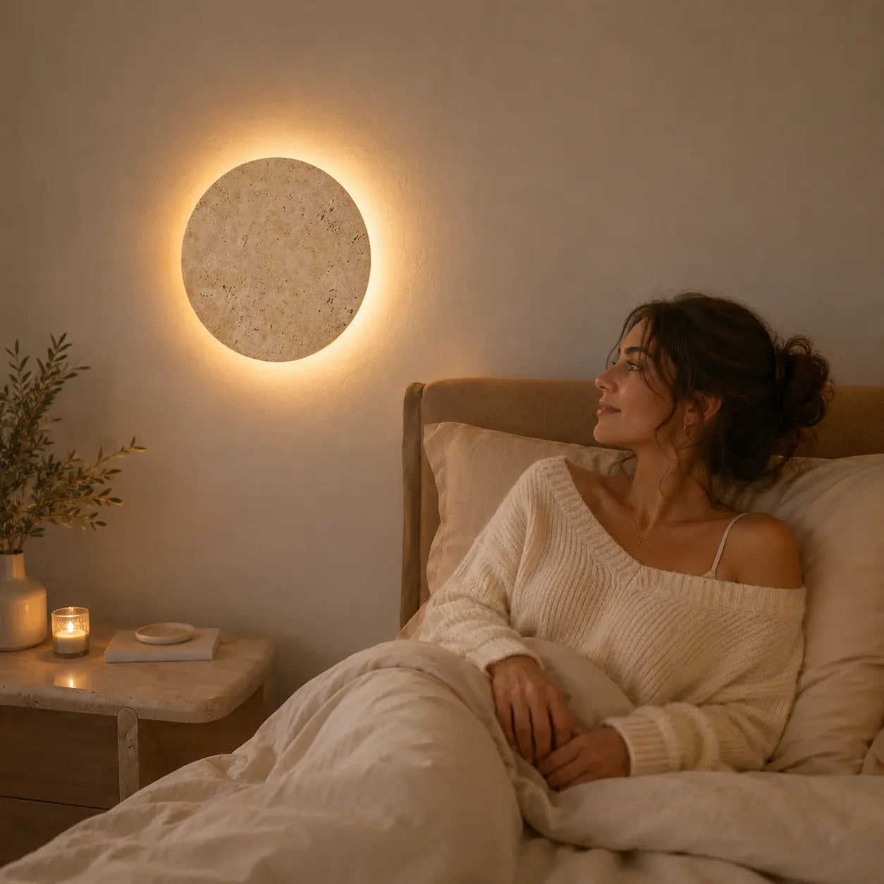 Verno stone wall light creating a soft warm glow beside a calm bedroom bed