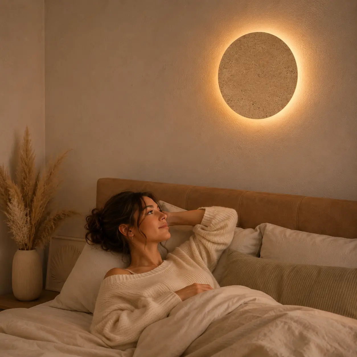 Verno stone wall light creating a warm evening mood beside a bedroom bed