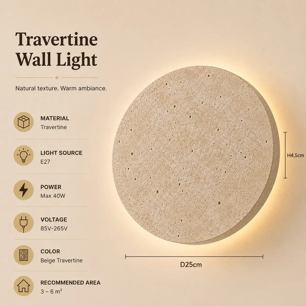 Verno stone wall light option 1 with product dimensions, material details, and lighting specifications