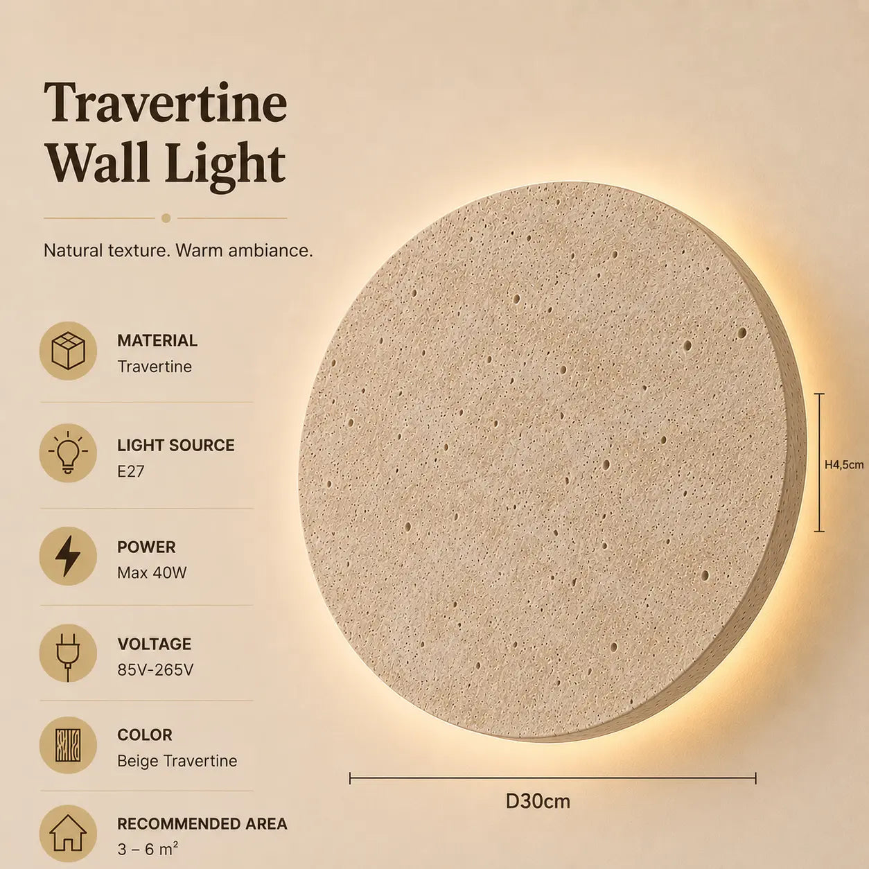 Verno stone wall light option 2 with product dimensions, material details, and lighting specifications