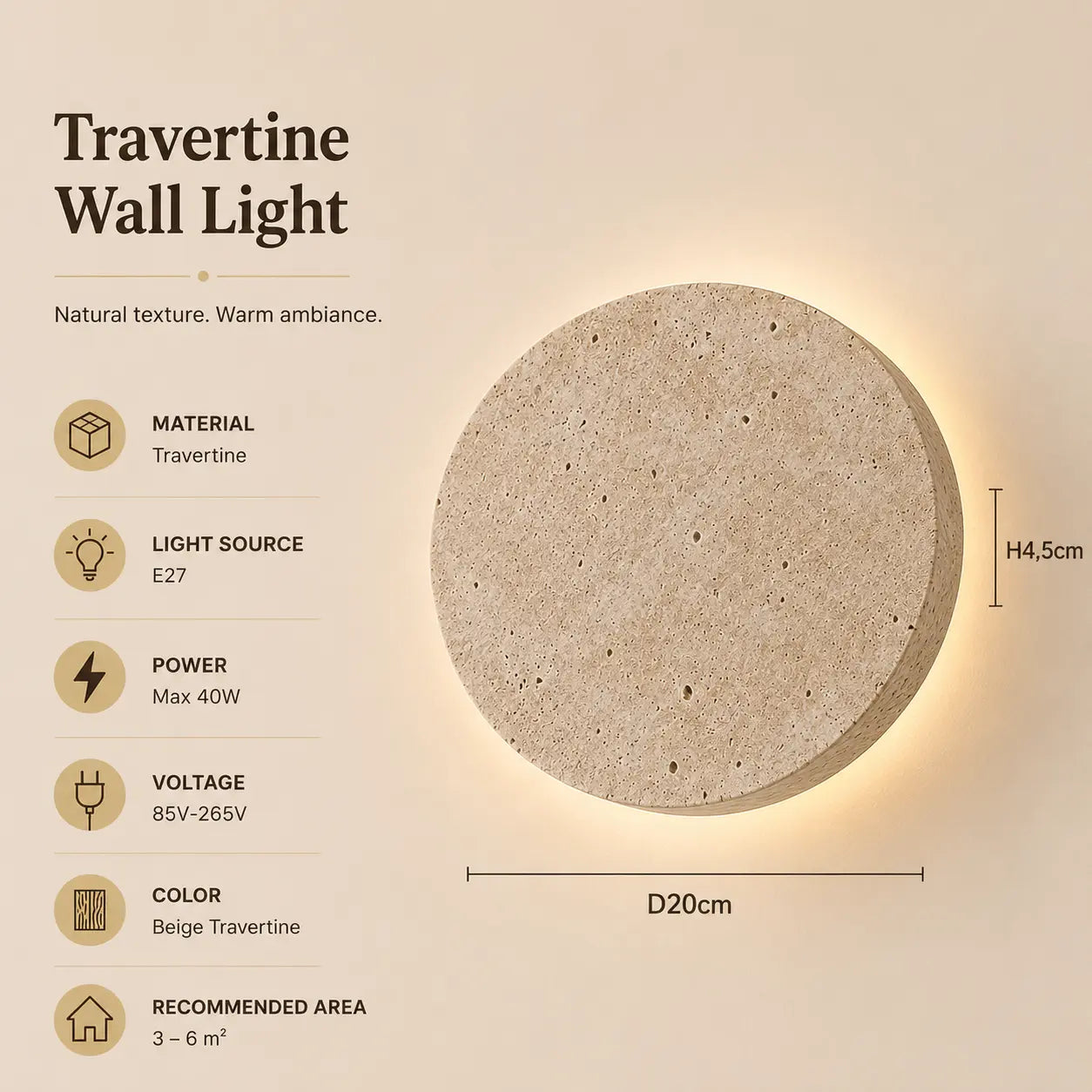 Verno stone wall light option 3 with product dimensions, material details, and lighting specifications