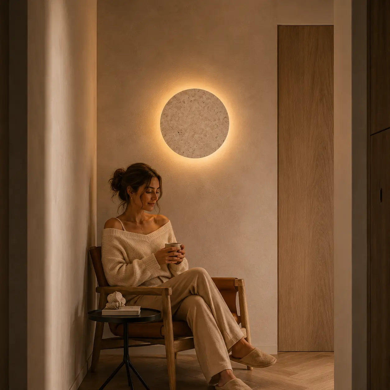 Verno stone wall light creating a calm warm glow beside a reading chair