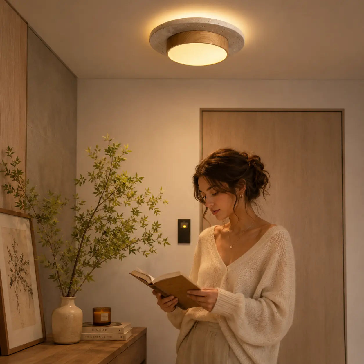 Veyn wood ceiling light creating soft warm overhead light in a calm home entryway