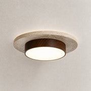 Veyn wood ceiling light with a round wood-finish frame and soft warm diffused glow