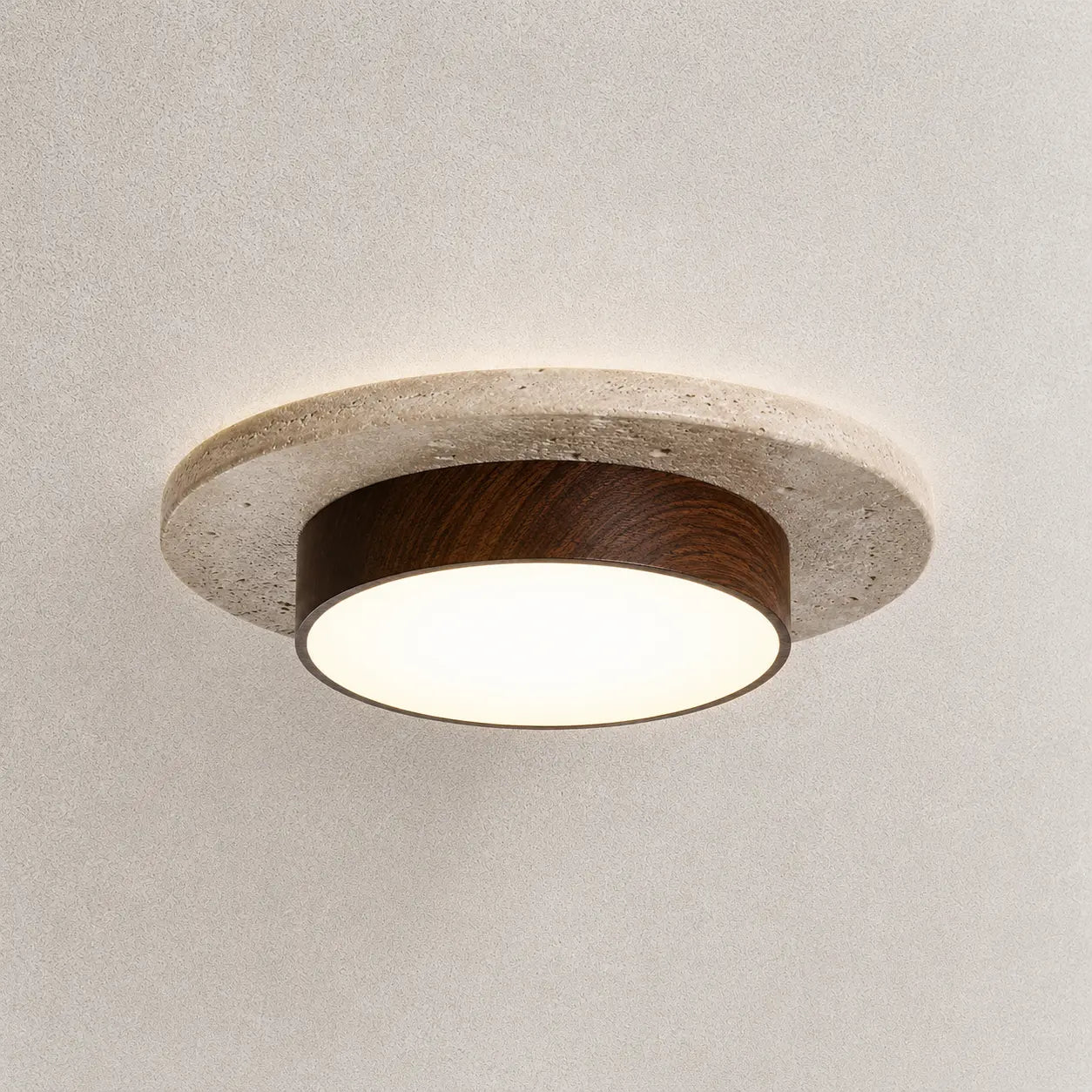 Veyn wood ceiling light with a round wood-finish frame and soft warm diffused glow