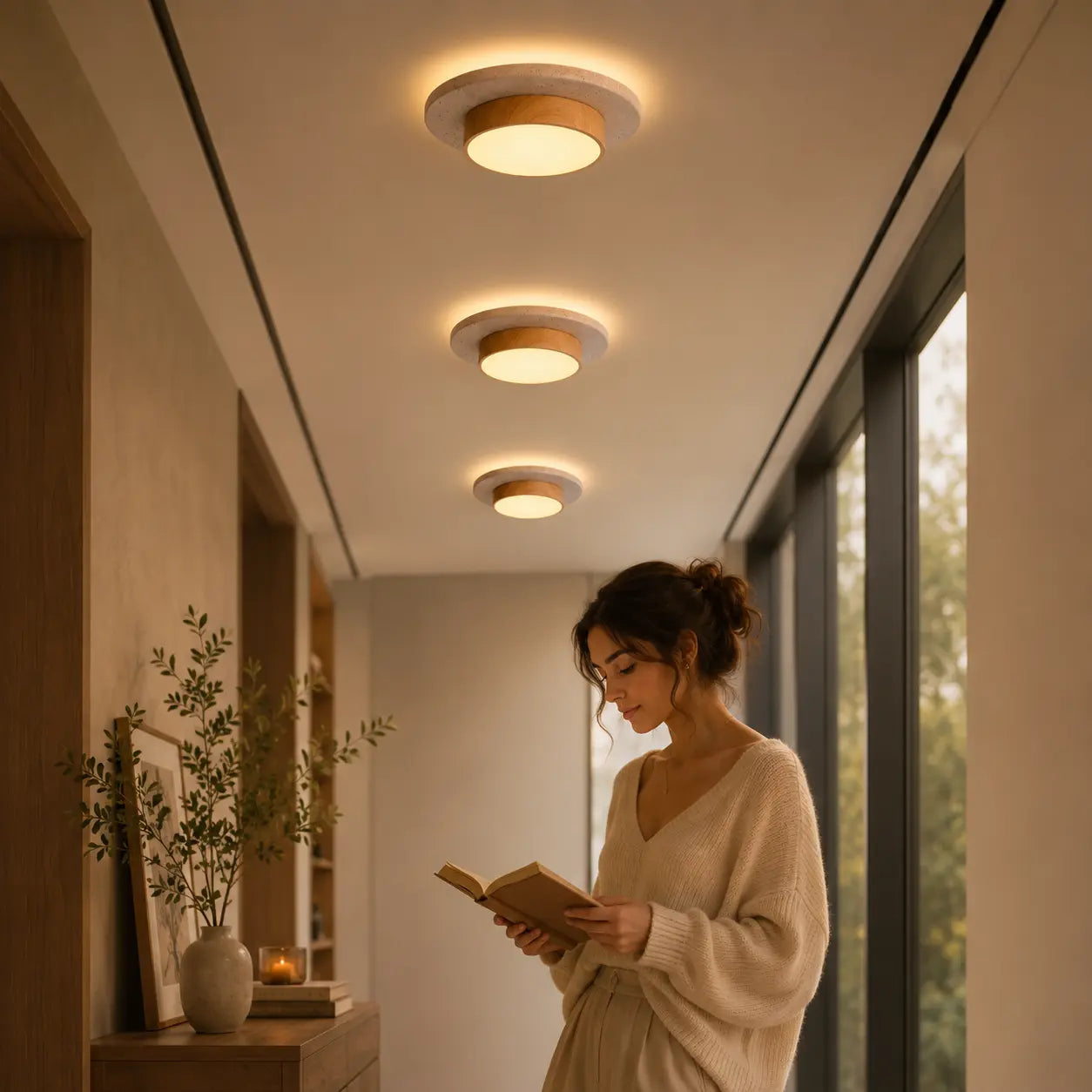 Veyn wood ceiling light providing soft overhead lighting in a calm neutral hallway