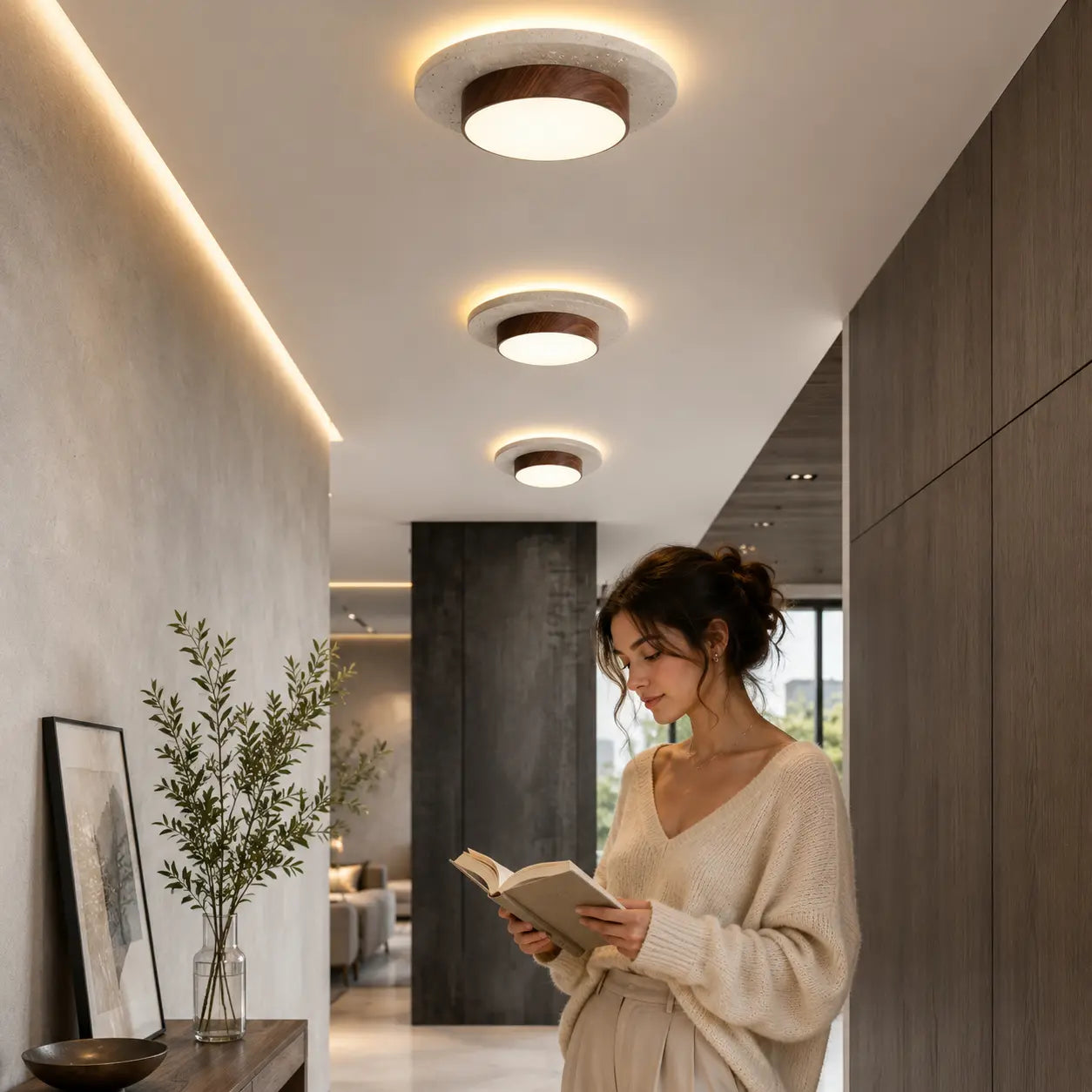 Veyn wood ceiling light adding warm low-profile illumination to a modern hallway
