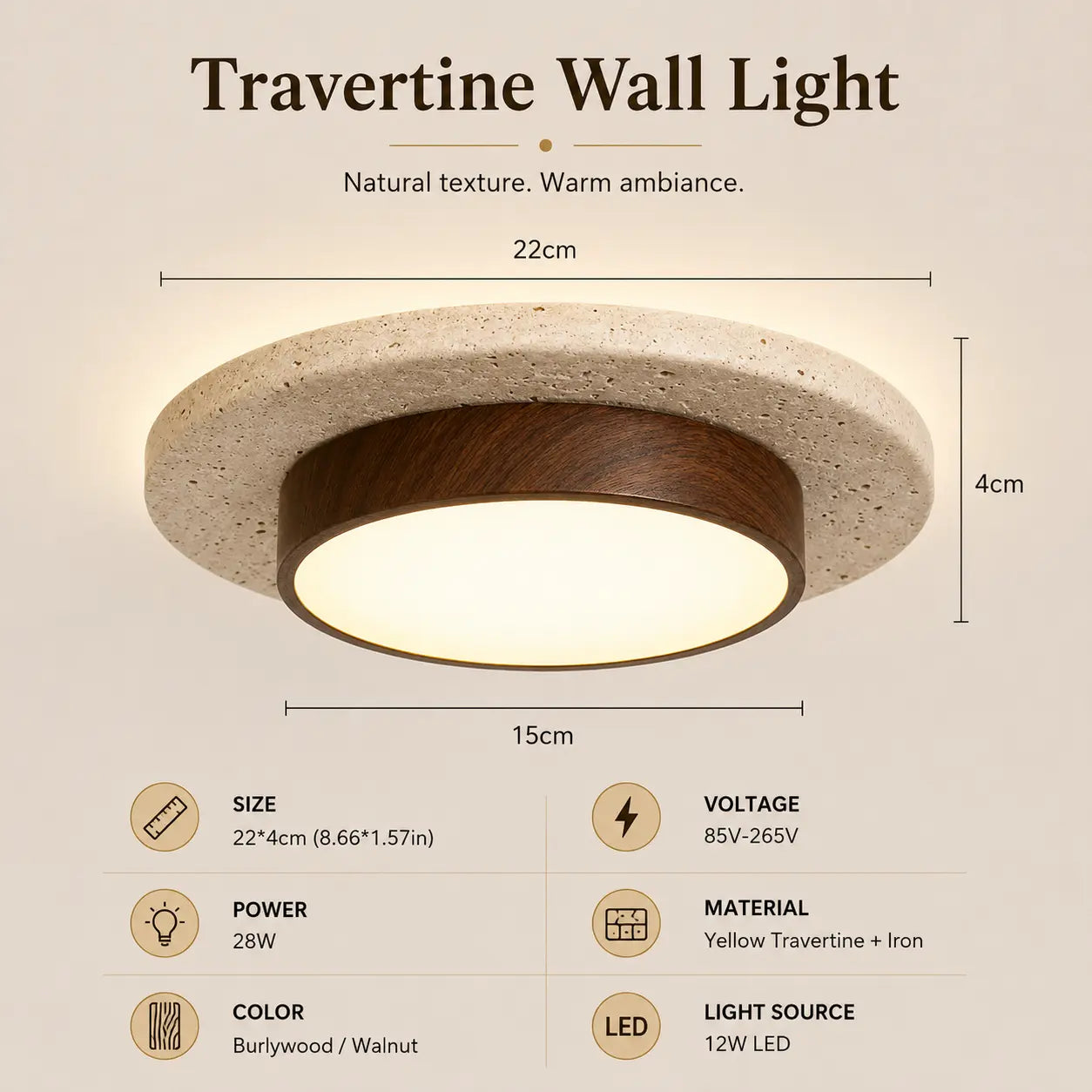 Veyn wood ceiling light option 1 with product dimensions and lighting specifications