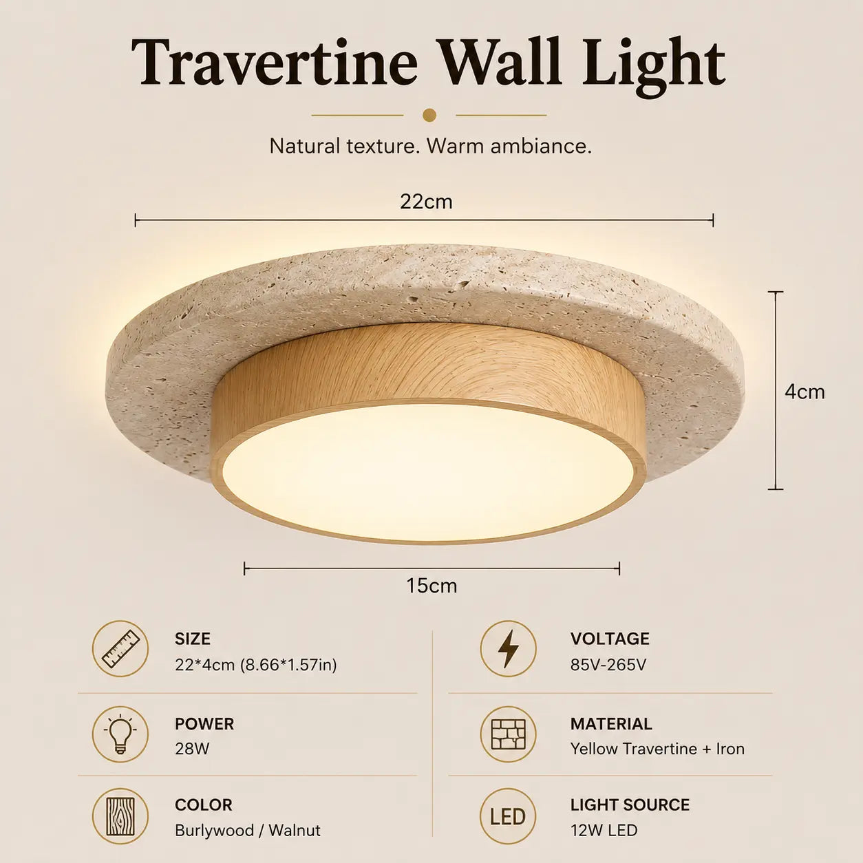 Veyn wood ceiling light option 2 with product dimensions and lighting specifications
