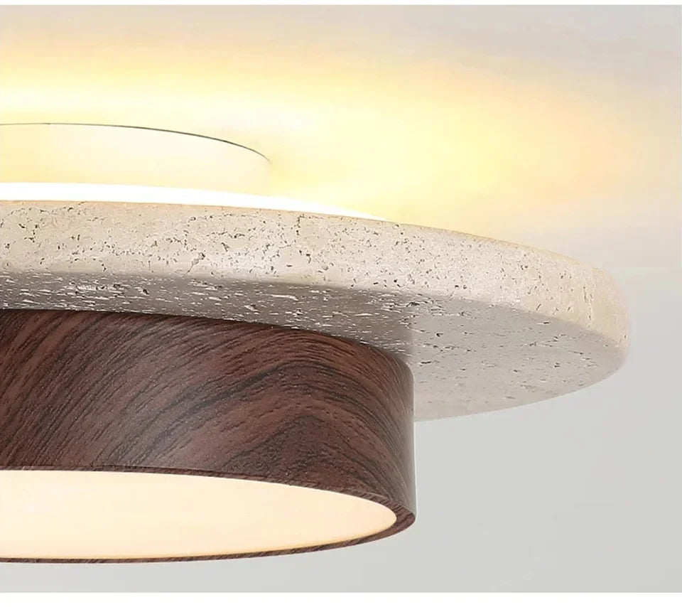 Close-up of the Veyn wood ceiling light frame with a warm natural wood finish