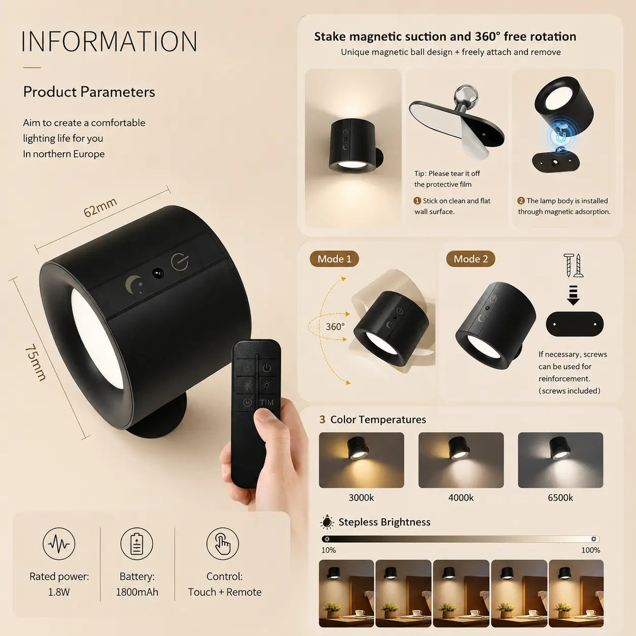 Veyra magnetic wall light feature overview showing remote control, charging, and lighting modes