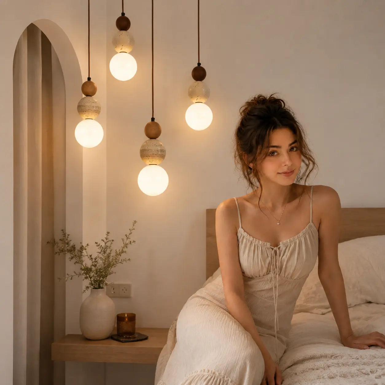 Veyra stone pendant light creating a soft warm glow beside a bedroom vanity mirror