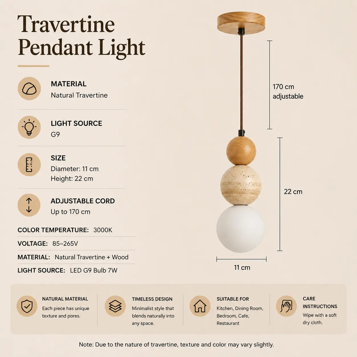 Veyra stone pendant light with natural wood finish, product dimensions, and lighting specifications