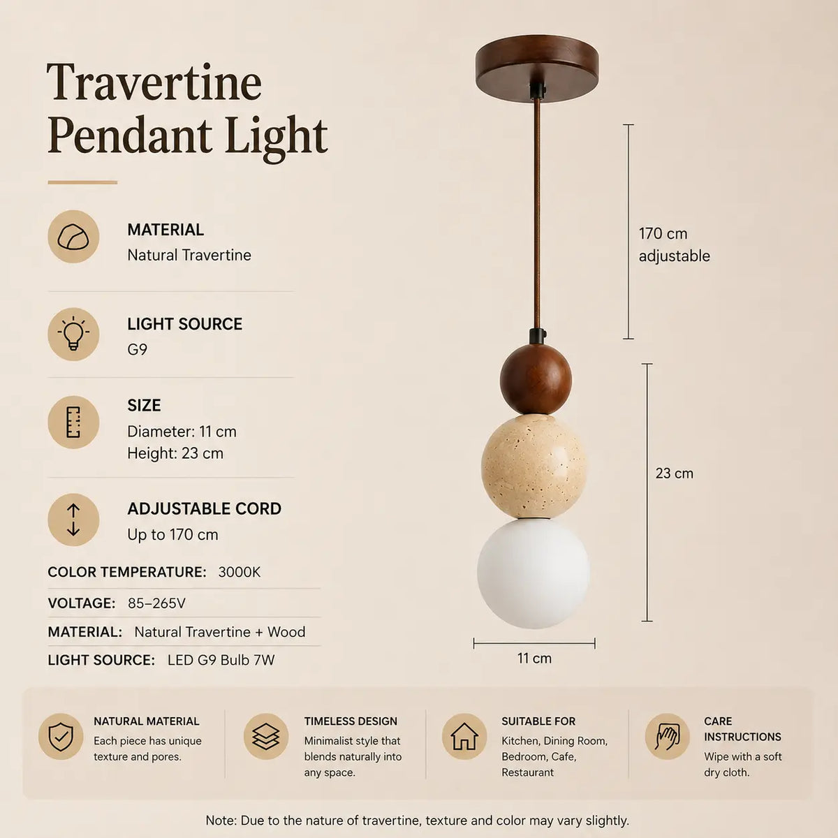 Veyra stone pendant light with walnut wood finish, product dimensions, and lighting specifications