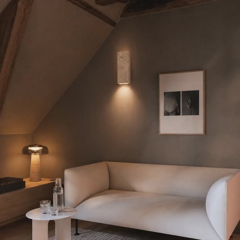 Load video: Niva Travertine Wall Light – Quiet Warmth for Bedside &amp; Bedroom