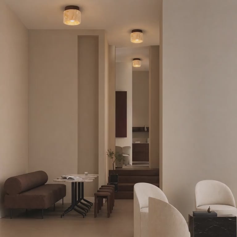 Load video: Mira Stone Wood Ceiling Light – Calm Light for Hallway &amp; Entry