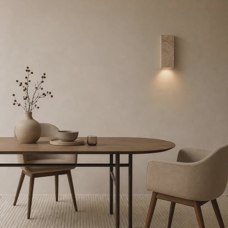 Load video: Niva Travertine Wall Light – Quiet Warmth for Bedside &amp; Bedroom