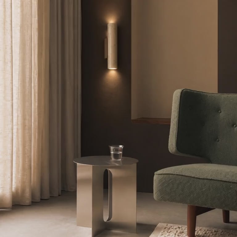 Load video: Elden Travertine Wall Light – Quiet Warmth for Bedside &amp; Bedroom