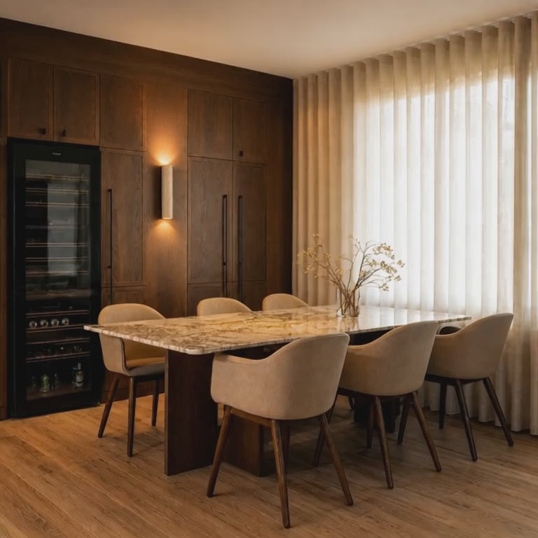Load video: Elden Travertine Wall Light – Quiet Warmth for Bedside &amp; Bedroom